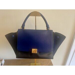 Céline Trapeze Bag In Navy Blue Leather & Suede With Gold-Tone Hardware